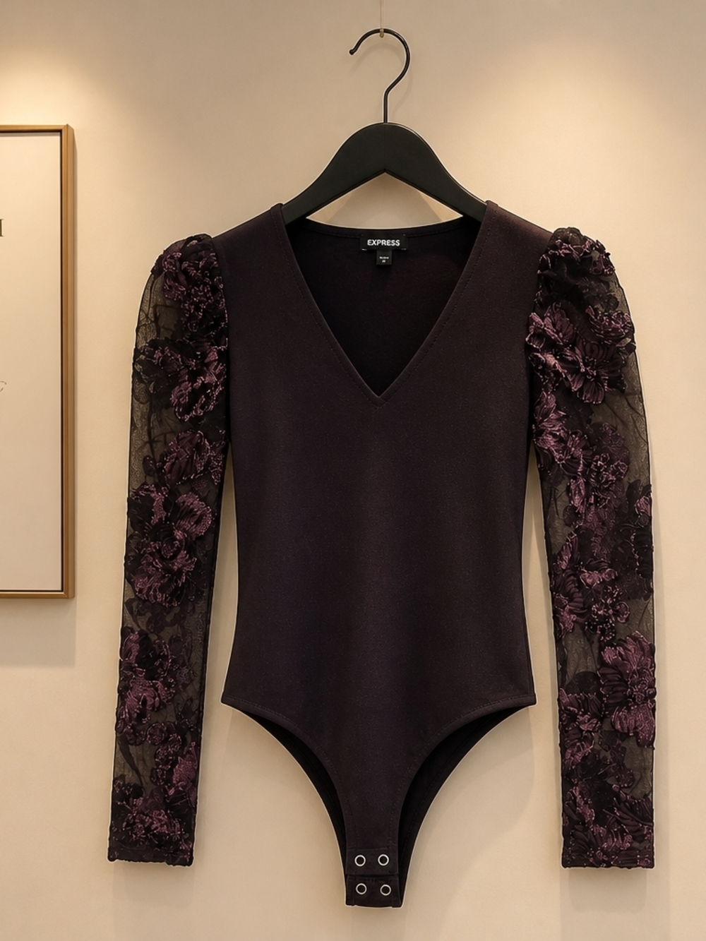 Express Black V-Neck Bodysuit with Purple Floral Lace Sleeves